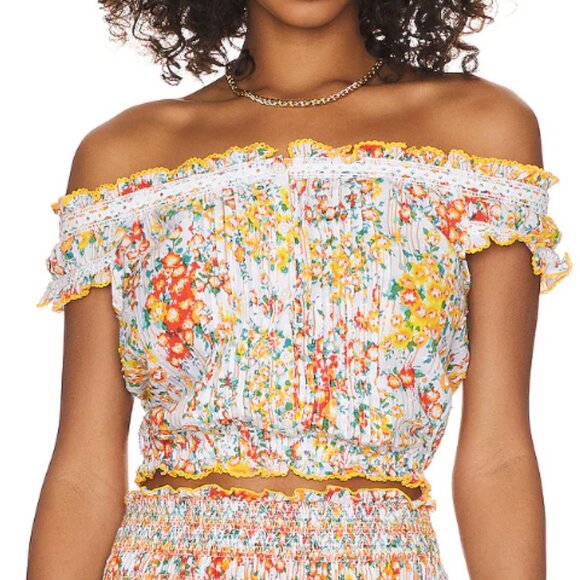 Poupette St Barth | Alba Top Orange Aquarelle Off The Shoulder Crop Top Size S - Picture 2 of 10